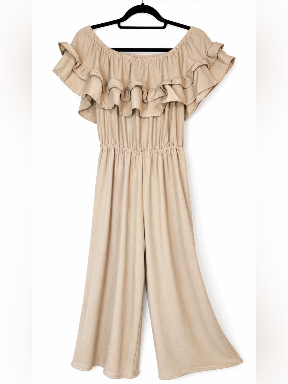 Sweet Lovely by Jen Off Shoulder Cropped Romper Wide Leg Beige Boho M NWOT